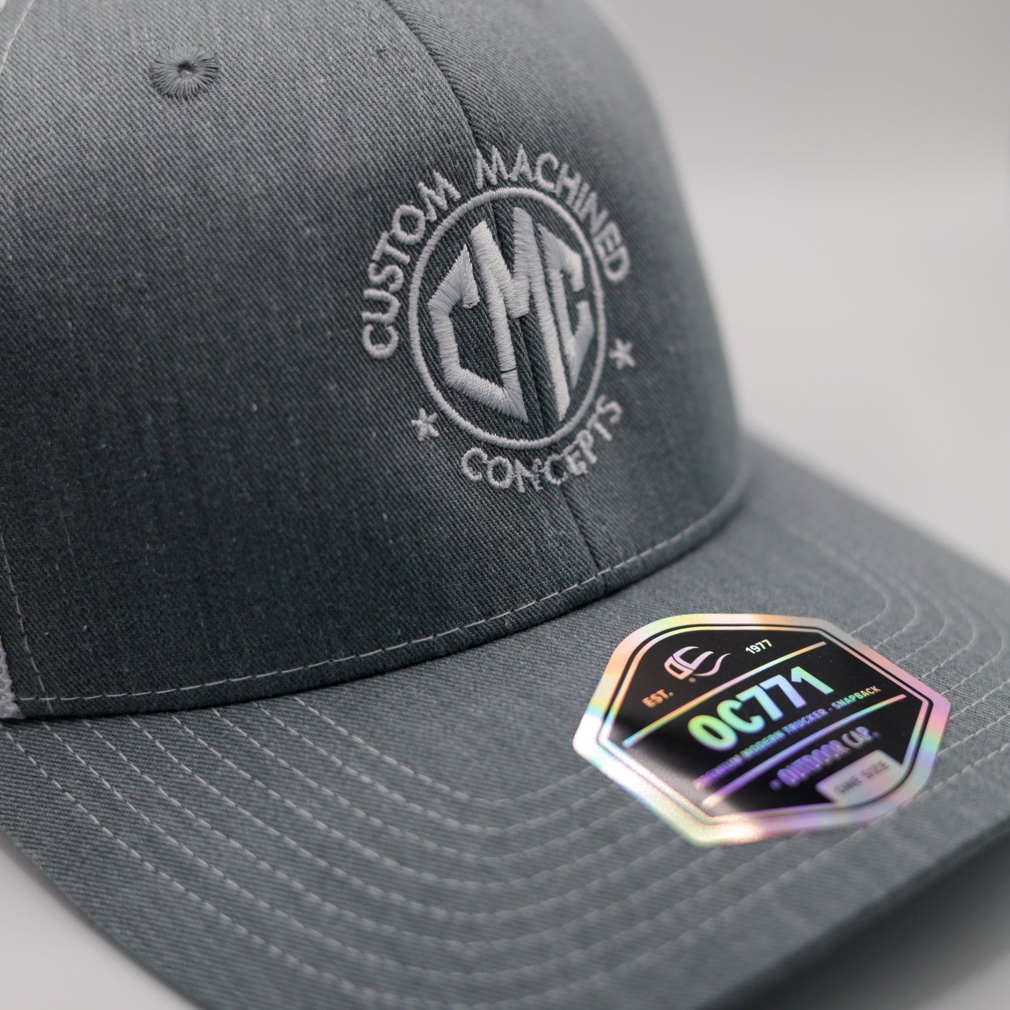 CMC Stealth Grey Trucker Hat – White Mesh | Custom Machined Concepts - Custom Machined Concepts