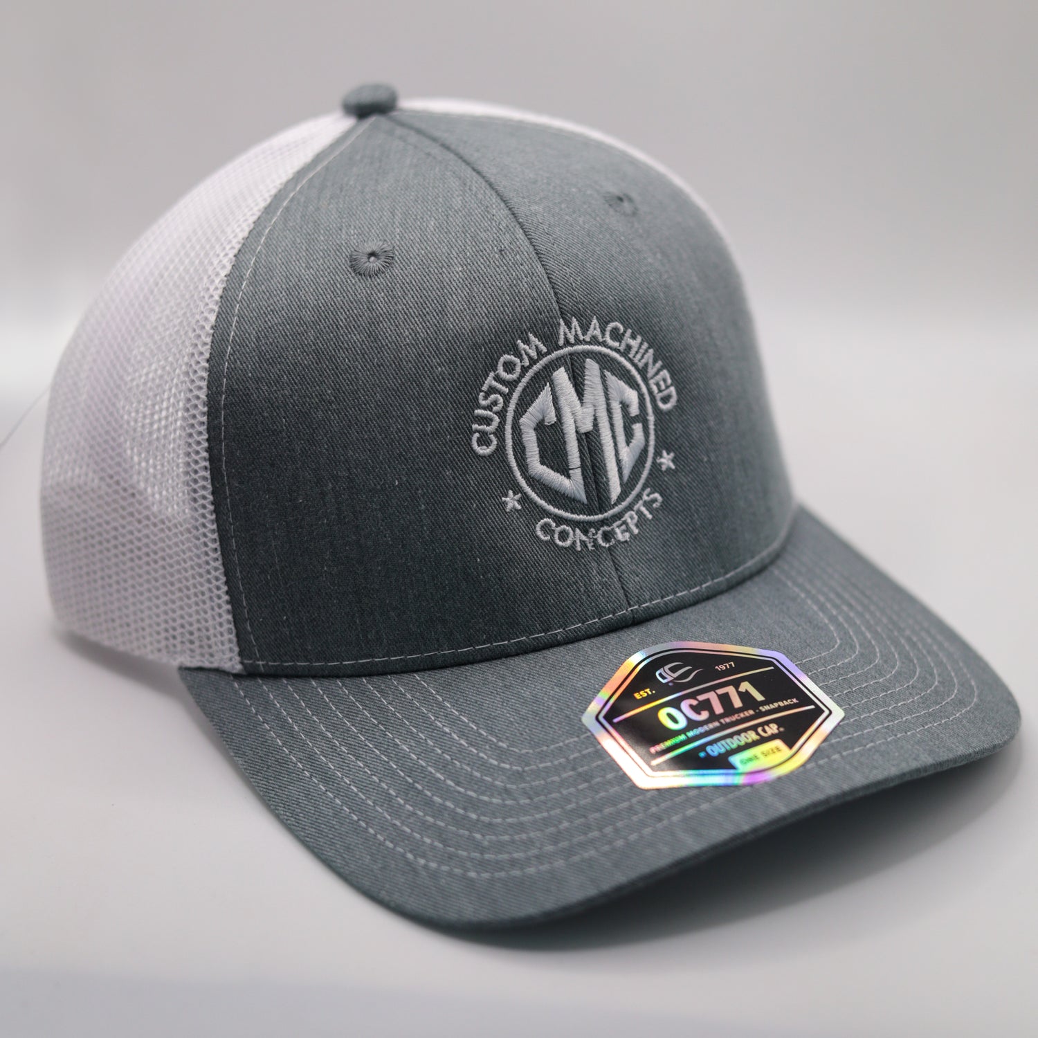 CMC Stealth Grey Trucker Hat – White Mesh | Custom Machined Concepts - Custom Machined Concepts