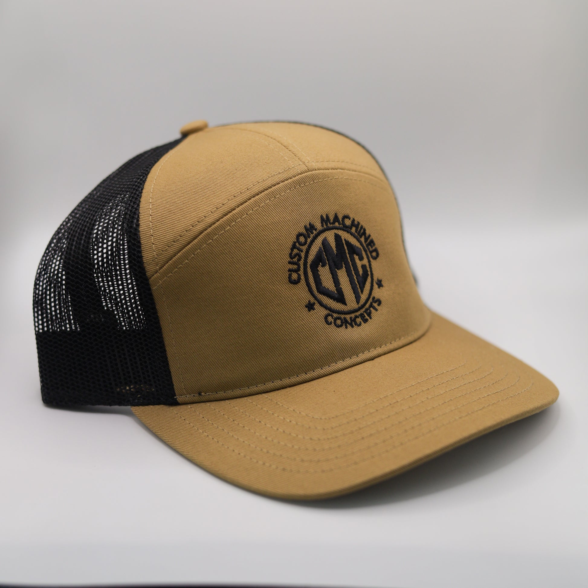 CMC Classic Tan Trucker Hat – Black Mesh | Custom Machined Concepts